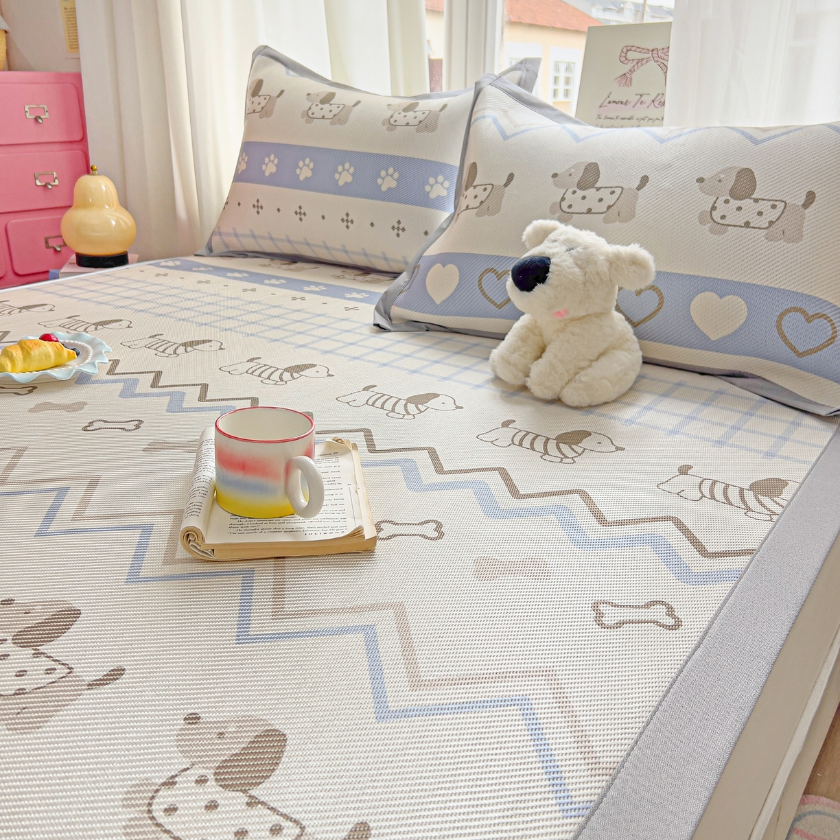 91家纺网 家纺一手货源 找家纺 川悦生活 2026新款时尚数码印花冰藤席 费尔岛小狗