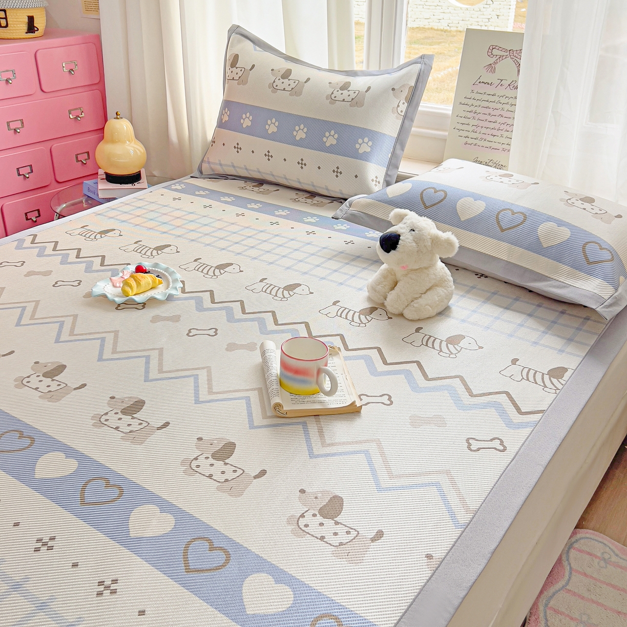 91家纺网 家纺一手货源 找家纺 川悦生活 2026新款时尚数码印花冰藤席 费尔岛小狗