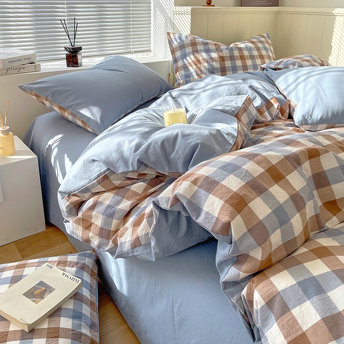 91家纺网 家纺一手货源 找家纺 春皖家纺 2026春夏新款全棉纯棉水洗棉四件套 翠竹-彩格