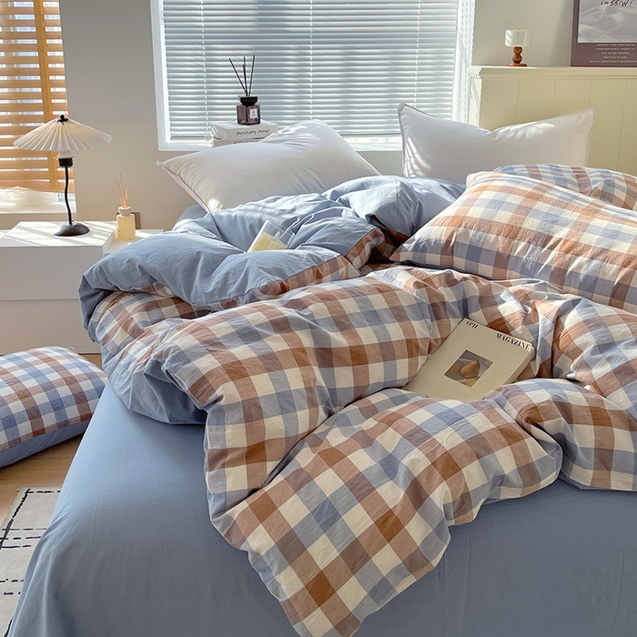 91家纺网 家纺一手货源 找家纺 春皖家纺 2026春夏新款全棉纯棉水洗棉四件套 翠竹-彩格