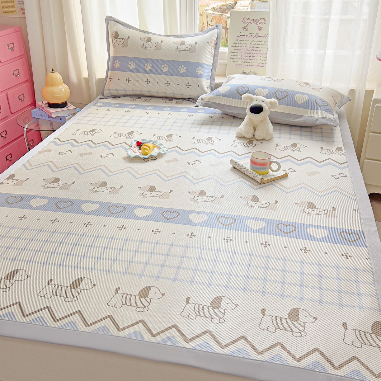 91家纺网 家纺一手货源 找家纺 川悦生活 2026新款时尚数码印花冰藤席 费尔岛小狗