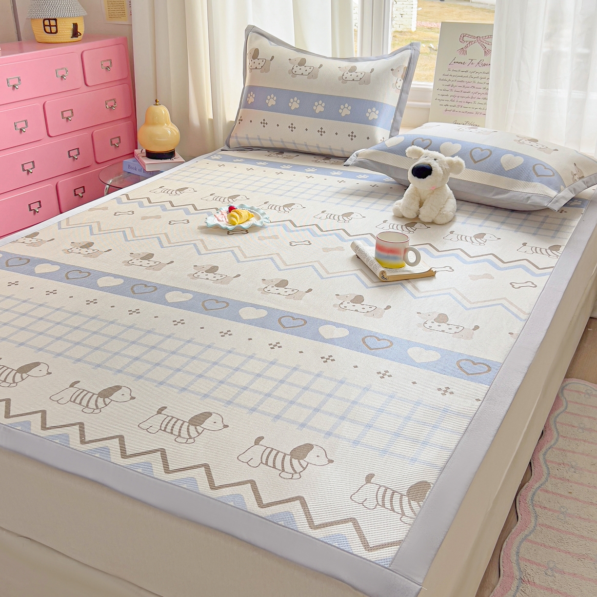 91家纺网 家纺一手货源 找家纺 川悦生活 2026新款时尚数码印花冰藤席 费尔岛小狗