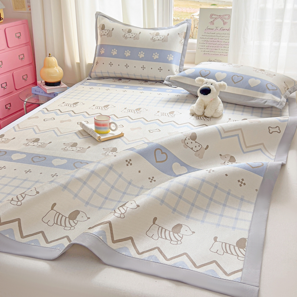 91家纺网 家纺一手货源 找家纺 川悦生活 2026新款时尚数码印花冰藤席 费尔岛小狗