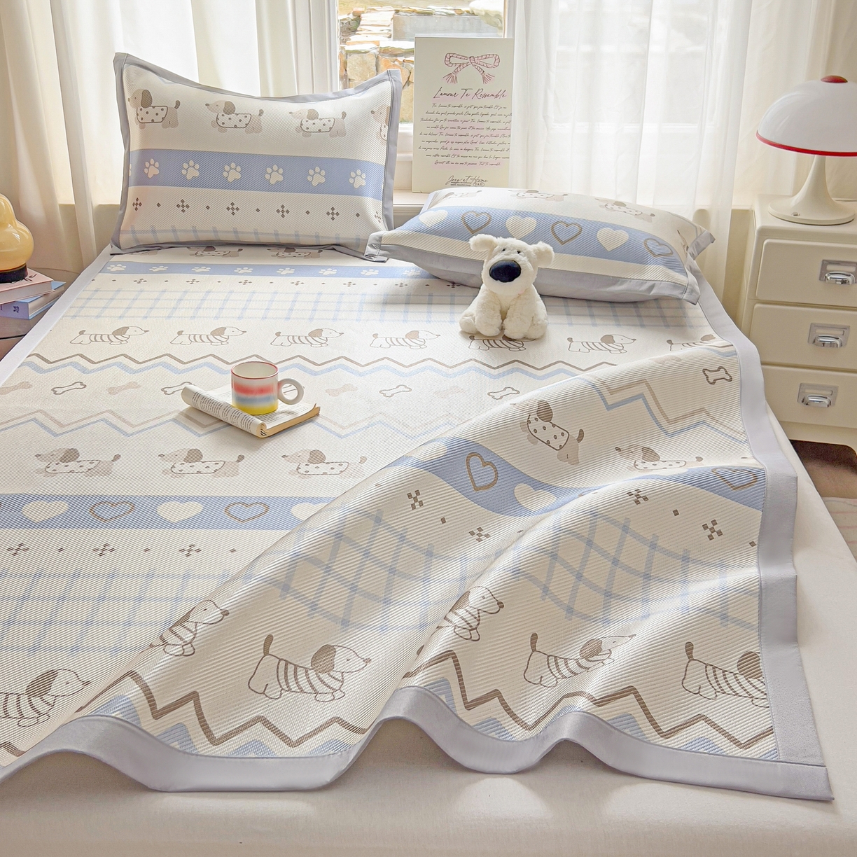 91家纺网 家纺一手货源 找家纺 川悦生活 2026新款时尚数码印花冰藤席 费尔岛小狗