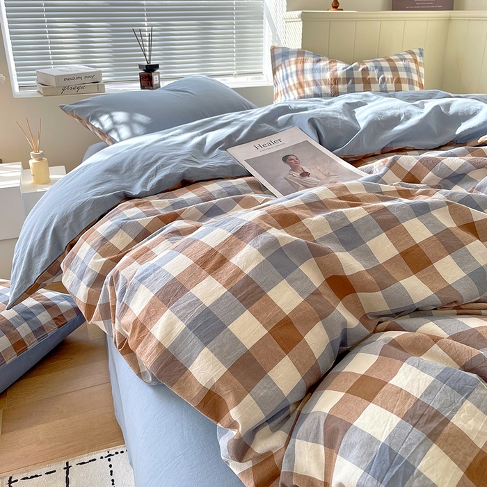 91家纺网 家纺一手货源 找家纺 春皖家纺 2026春夏新款全棉纯棉水洗棉四件套 翠竹-彩格