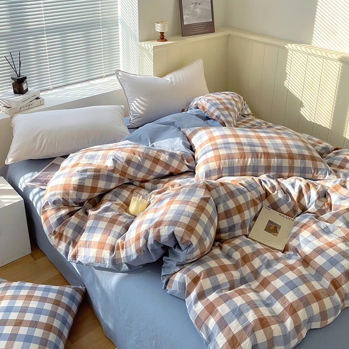 91家纺网 家纺一手货源 找家纺 春皖家纺 2026春夏新款全棉纯棉水洗棉四件套 翠竹-彩格