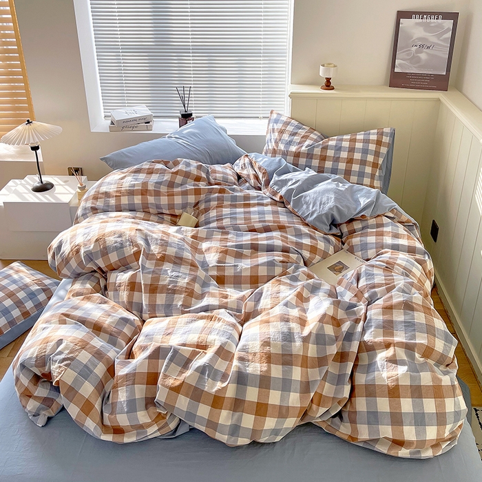 91家纺网 家纺一手货源 找家纺 春皖家纺 2026春夏新款全棉纯棉水洗棉四件套 翠竹-彩格