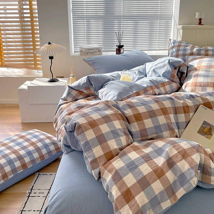 91家纺网 家纺一手货源 找家纺 春皖家纺 2026春夏新款全棉纯棉水洗棉四件套 翠竹-彩格