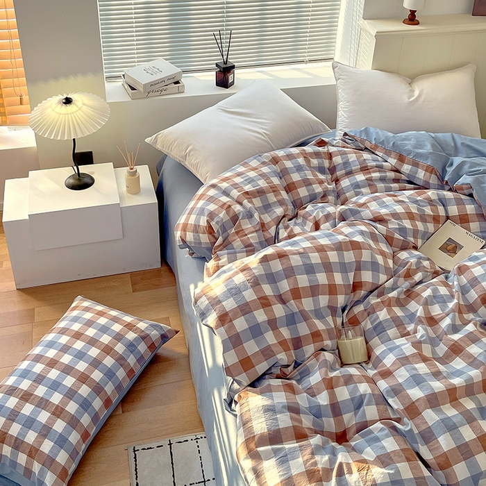 91家纺网 家纺一手货源 找家纺 春皖家纺 2026春夏新款全棉纯棉水洗棉四件套 翠竹-彩格