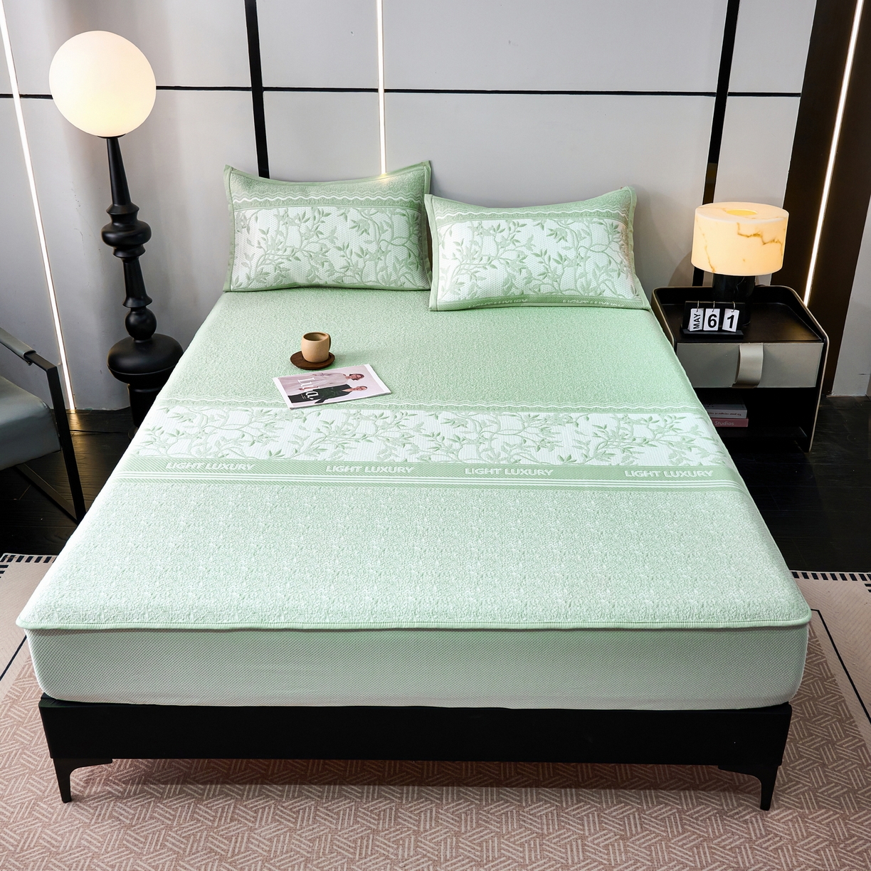 91家纺网 家纺一手货源 找家纺 雅诗帛 2026新款提花PE凉感冰丝席三件套 风景-床笠绿