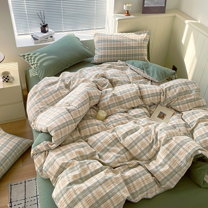 91家纺网 家纺一手货源 找家纺 春皖家纺 2026春夏新款全棉纯棉水洗棉四件套 翠竹-果条