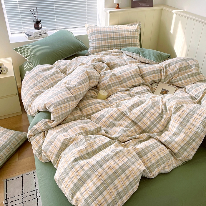 91家纺网 家纺一手货源 找家纺 春皖家纺 2026春夏新款全棉纯棉水洗棉四件套 翠竹-果条