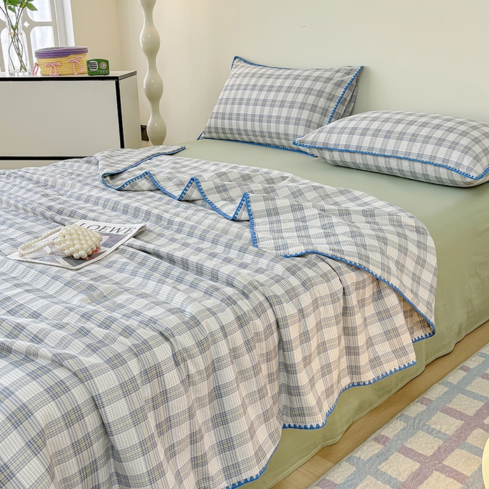 91家纺网 家纺一手货源 找家纺 爱她美家纺 2026新款A类全棉有氧双层纱大豆夏被夏凉被空调被四件套 格调-兰