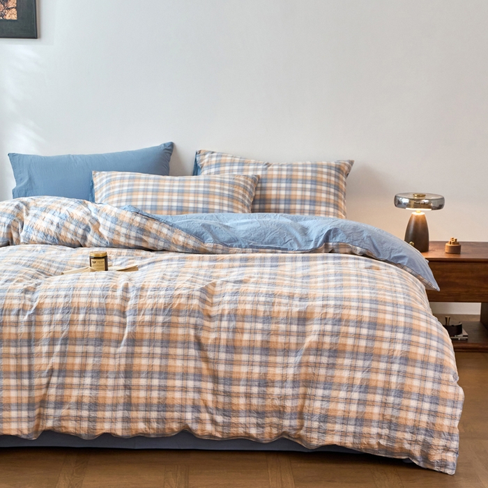 91家纺网 家纺一手货源 找家纺 春皖家纺 2026春夏新款全棉纯棉水洗棉四件套 翠竹-蓝格