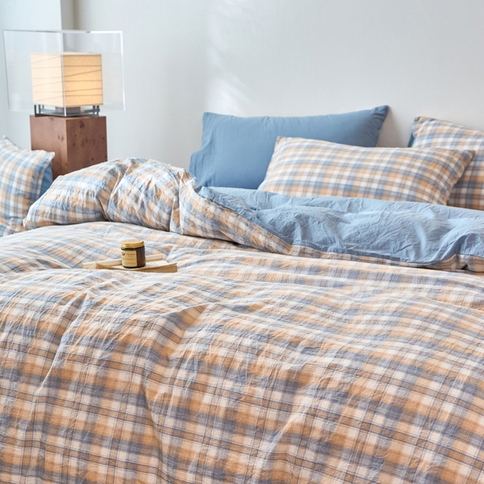 91家纺网 家纺一手货源 找家纺 春皖家纺 2026春夏新款全棉纯棉水洗棉四件套 翠竹-蓝格