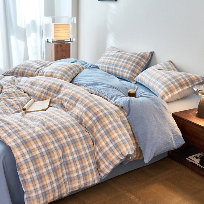 91家纺网 家纺一手货源 找家纺 春皖家纺 2026春夏新款全棉纯棉水洗棉四件套 翠竹-蓝格