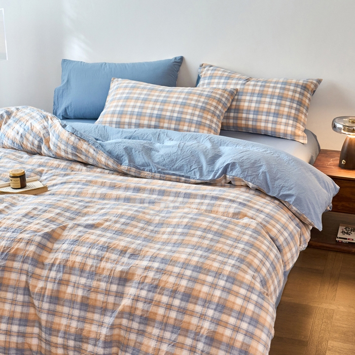 91家纺网 家纺一手货源 找家纺 春皖家纺 2026春夏新款全棉纯棉水洗棉四件套 翠竹-蓝格