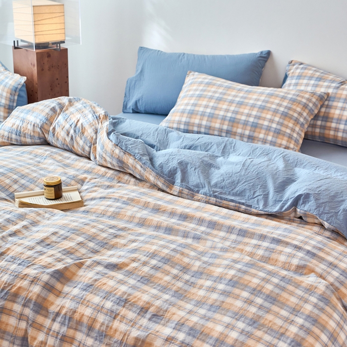 91家纺网 家纺一手货源 找家纺 春皖家纺 2026春夏新款全棉纯棉水洗棉四件套 翠竹-蓝格