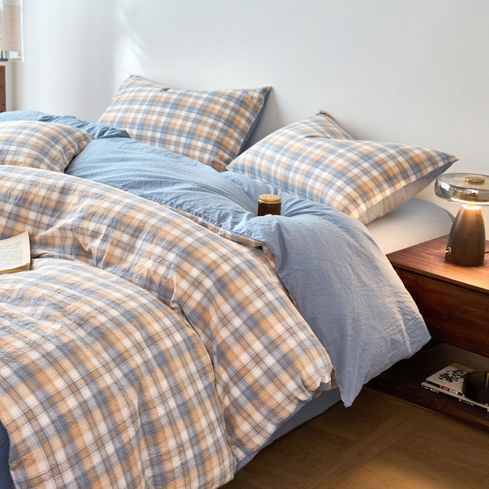 91家纺网 家纺一手货源 找家纺 春皖家纺 2026春夏新款全棉纯棉水洗棉四件套 翠竹-蓝格