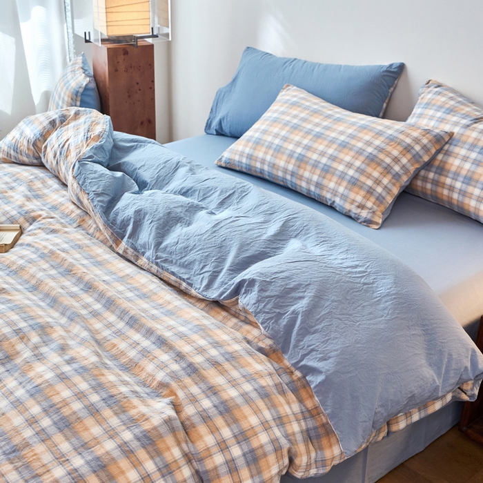 91家纺网 家纺一手货源 找家纺 春皖家纺 2026春夏新款全棉纯棉水洗棉四件套 翠竹-蓝格