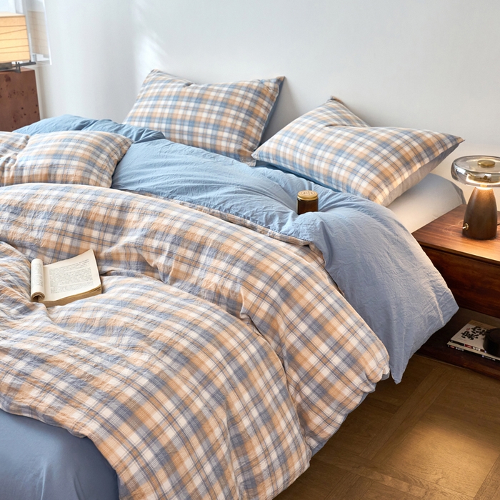 91家纺网 家纺一手货源 找家纺 春皖家纺 2026春夏新款全棉纯棉水洗棉四件套 翠竹-蓝格