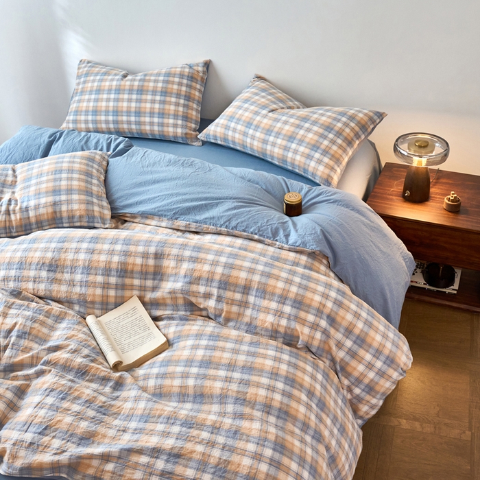 91家纺网 家纺一手货源 找家纺 春皖家纺 2026春夏新款全棉纯棉水洗棉四件套 翠竹-蓝格