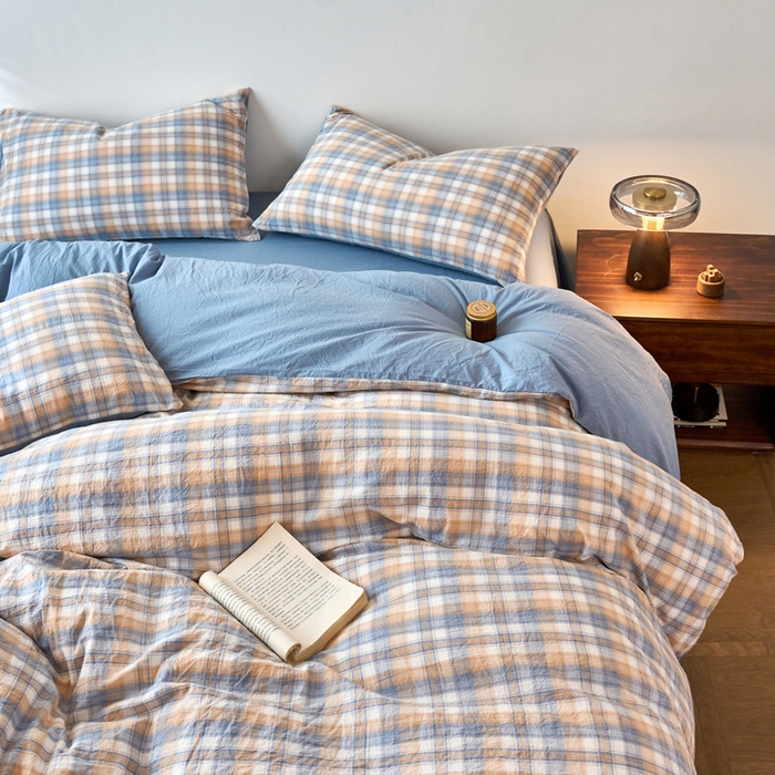 91家纺网 家纺一手货源 找家纺 春皖家纺 2026春夏新款全棉纯棉水洗棉四件套 翠竹-蓝格