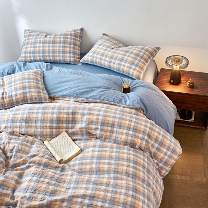 91家纺网 家纺一手货源 找家纺 春皖家纺 2026春夏新款全棉纯棉水洗棉四件套 翠竹-蓝格