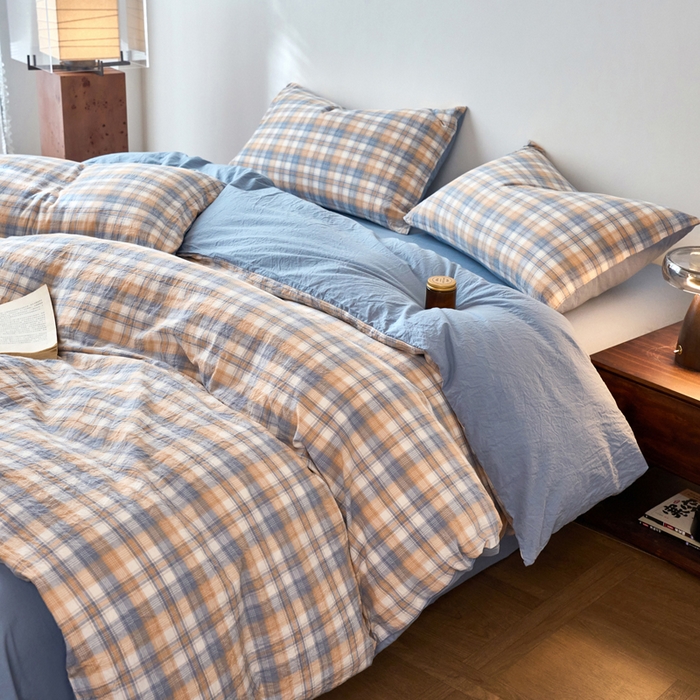 91家纺网 家纺一手货源 找家纺 春皖家纺 2026春夏新款全棉纯棉水洗棉四件套 翠竹-蓝格