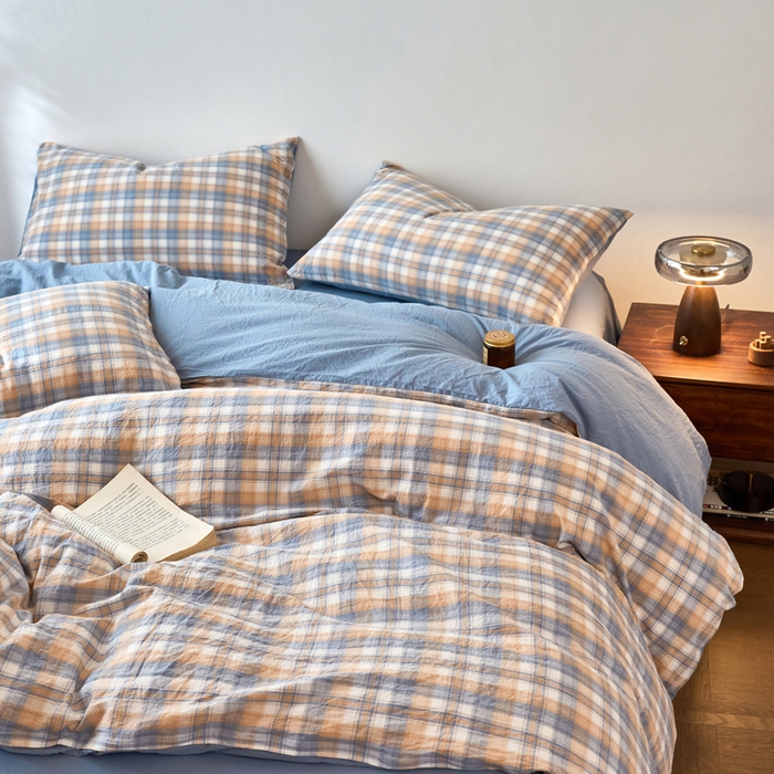 91家纺网 家纺一手货源 找家纺 春皖家纺 2026春夏新款全棉纯棉水洗棉四件套 翠竹-蓝格