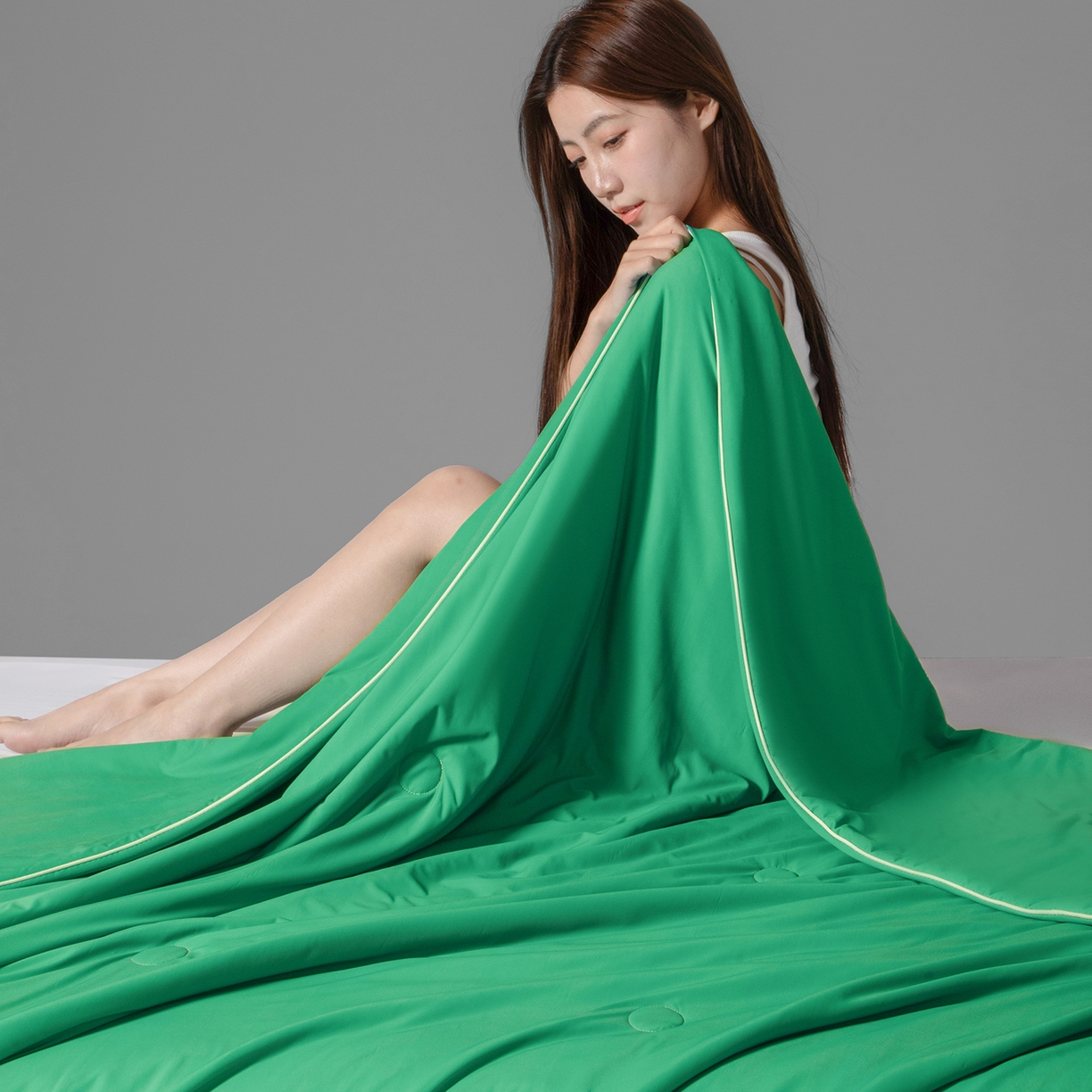 91家纺网 家纺一手货源 找家纺 寐眠 2026新款凉感纯色双拼夏被夏凉被空调被-风格一 柠绿冰萃