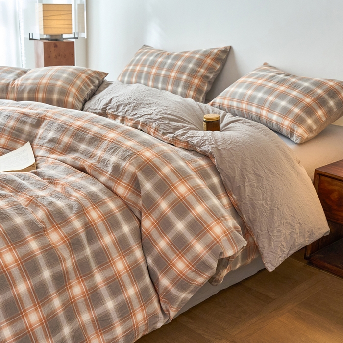 春皖家纺 2026春夏新款全棉纯棉水洗棉四件套 栗木-咖格