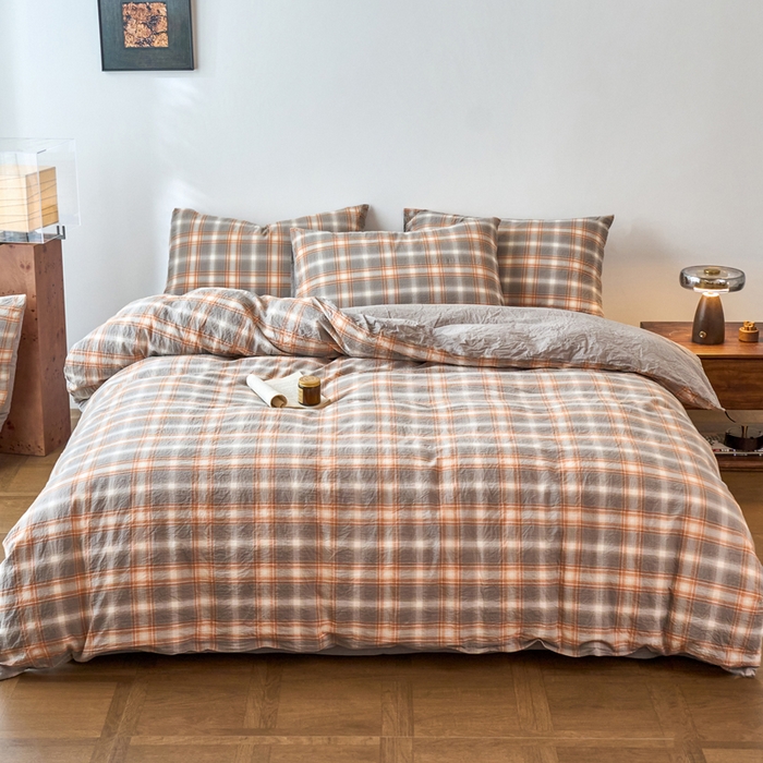 91家纺网 家纺一手货源 找家纺 春皖家纺 2026春夏新款全棉纯棉水洗棉四件套 栗木-咖格