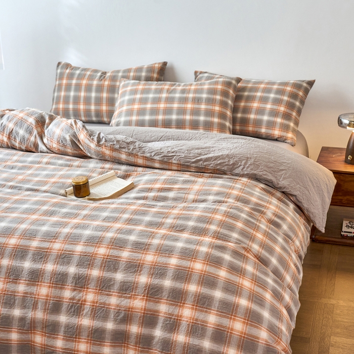 91家纺网 家纺一手货源 找家纺 春皖家纺 2026春夏新款全棉纯棉水洗棉四件套 栗木-咖格