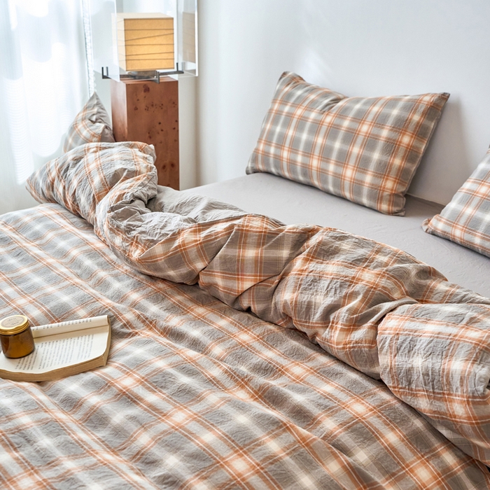 91家纺网 家纺一手货源 找家纺 春皖家纺 2026春夏新款全棉纯棉水洗棉四件套 栗木-咖格