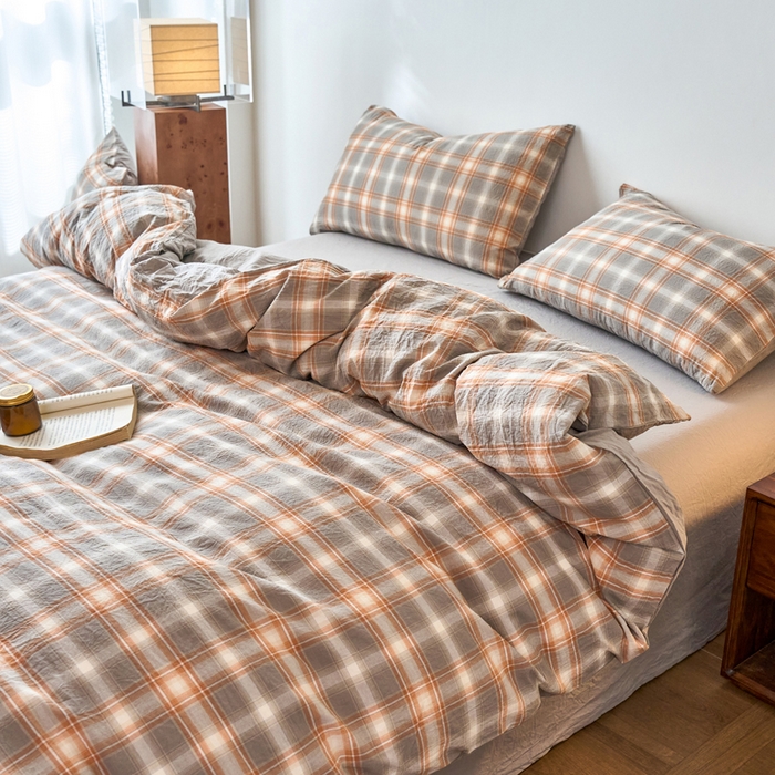 91家纺网 家纺一手货源 找家纺 春皖家纺 2026春夏新款全棉纯棉水洗棉四件套 栗木-咖格