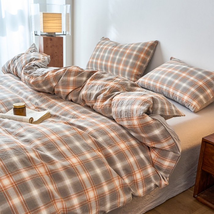 91家纺网 家纺一手货源 找家纺 春皖家纺 2026春夏新款全棉纯棉水洗棉四件套 栗木-咖格