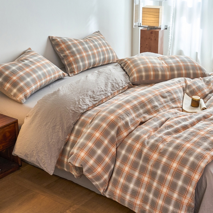 91家纺网 家纺一手货源 找家纺 春皖家纺 2026春夏新款全棉纯棉水洗棉四件套 栗木-咖格