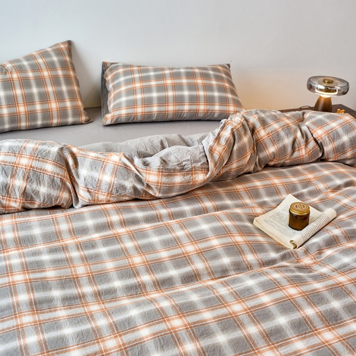 91家纺网 家纺一手货源 找家纺 春皖家纺 2026春夏新款全棉纯棉水洗棉四件套 栗木-咖格