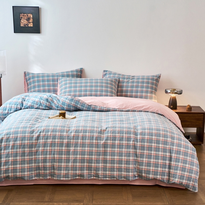 91家纺网 家纺一手货源 找家纺 春皖家纺 2026春夏新款全棉纯棉水洗棉四件套 摩尔蓝