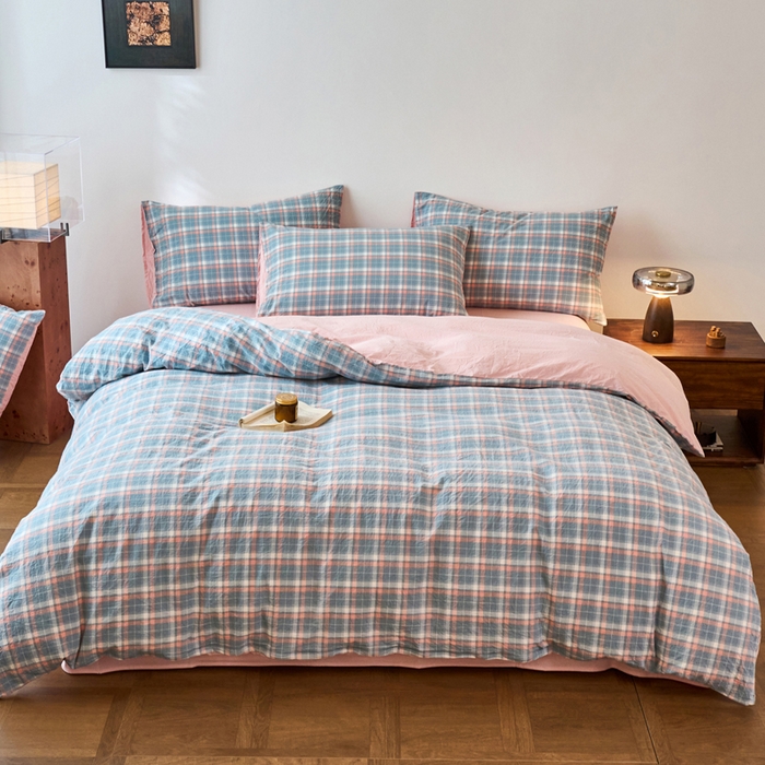 91家纺网 家纺一手货源 找家纺 春皖家纺 2026春夏新款全棉纯棉水洗棉四件套 摩尔蓝