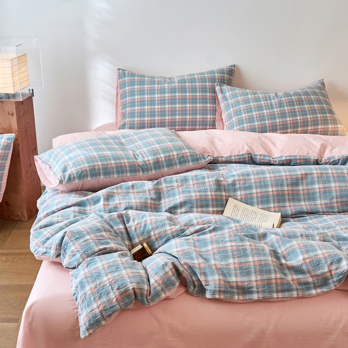 91家纺网 家纺一手货源 找家纺 春皖家纺 2026春夏新款全棉纯棉水洗棉四件套 摩尔蓝