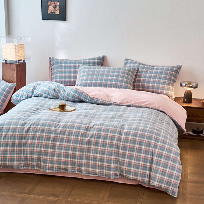 91家纺网 家纺一手货源 找家纺 春皖家纺 2026春夏新款全棉纯棉水洗棉四件套 摩尔蓝