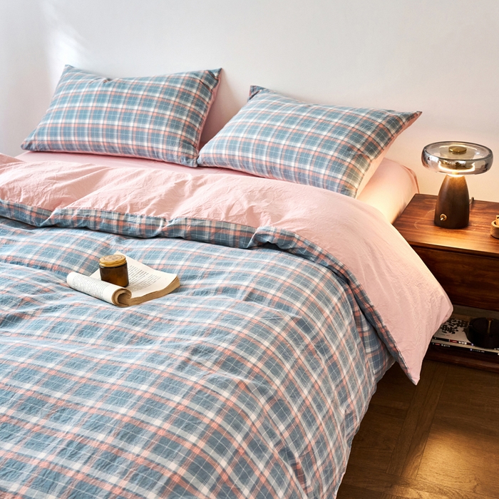 91家纺网 家纺一手货源 找家纺 春皖家纺 2026春夏新款全棉纯棉水洗棉四件套 摩尔蓝