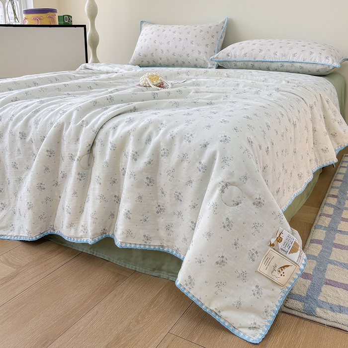 91家纺网 家纺一手货源 找家纺 爱她美家纺 2026新款A类全棉有氧双层纱大豆夏被夏凉被空调被四件套 琉夏-绿
