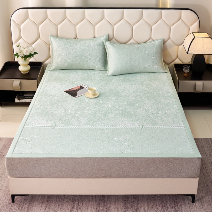 91家纺网 家纺一手货源 找家纺 雅诗帛 2026新款提花PE凉感冰丝席三件套 木兰-直角绿