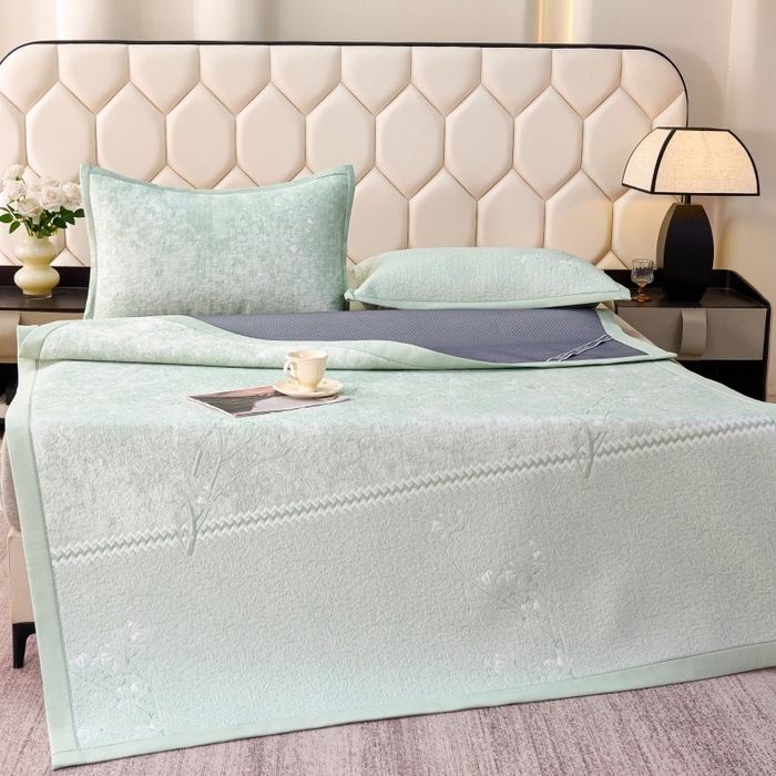 91家纺网 家纺一手货源 找家纺 雅诗帛 2026新款提花PE凉感冰丝席三件套 木兰-直角绿