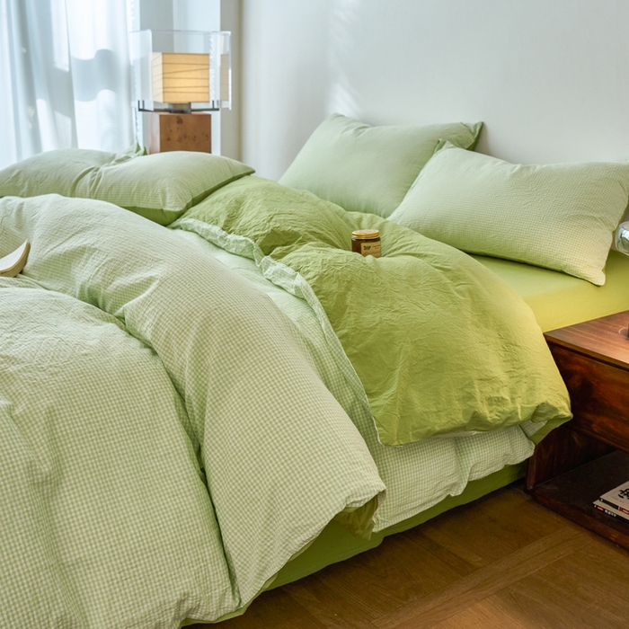 春皖家纺 2026春夏新款全棉纯棉水洗棉四件套 嫩绿格