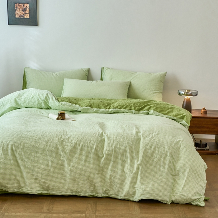 91家纺网 家纺一手货源 找家纺 春皖家纺 2026春夏新款全棉纯棉水洗棉四件套 嫩绿格