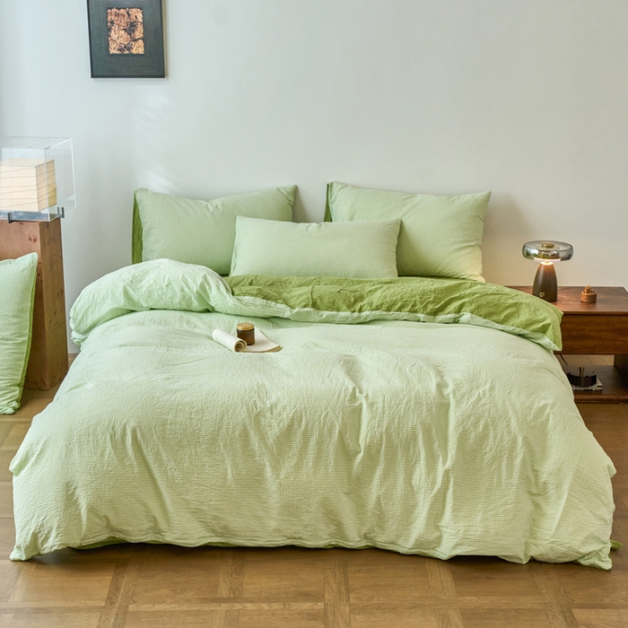 91家纺网 家纺一手货源 找家纺 春皖家纺 2026春夏新款全棉纯棉水洗棉四件套 嫩绿格